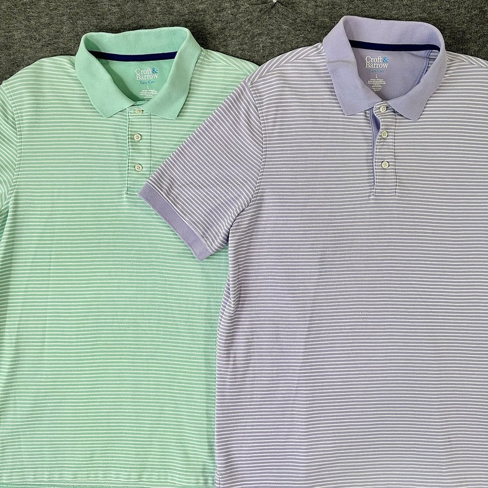 CROFT & BARROW Mens‎ Polo Shirt Size Large Bundle Of 2 Purple Green Striped Golf